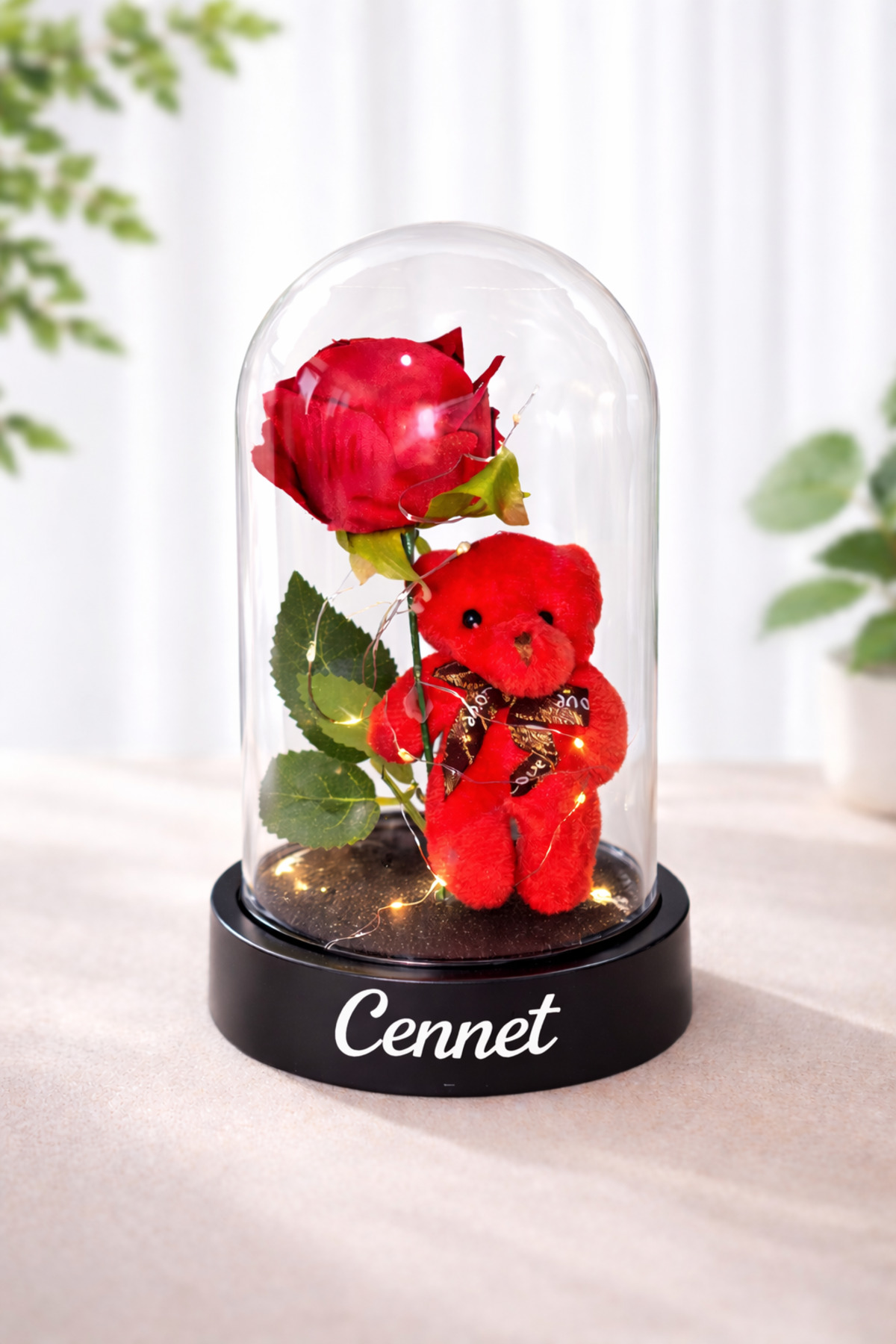 Kişiye Özel Sevgiliye Hediye Işıklı Kırmızı Ayıcıklı Fanus - Kırmızı Yapay Gül & Renkli Peri Led