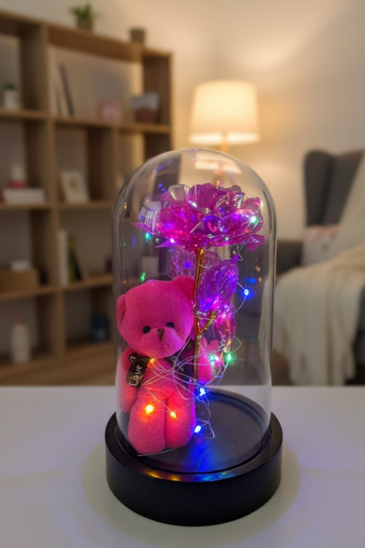 Sevgiliye Hediye Işıklı Pembe Ayıcıklı Fanus - Pembe Sonsuzluk Gülü & Renkli Peri Led Lamba