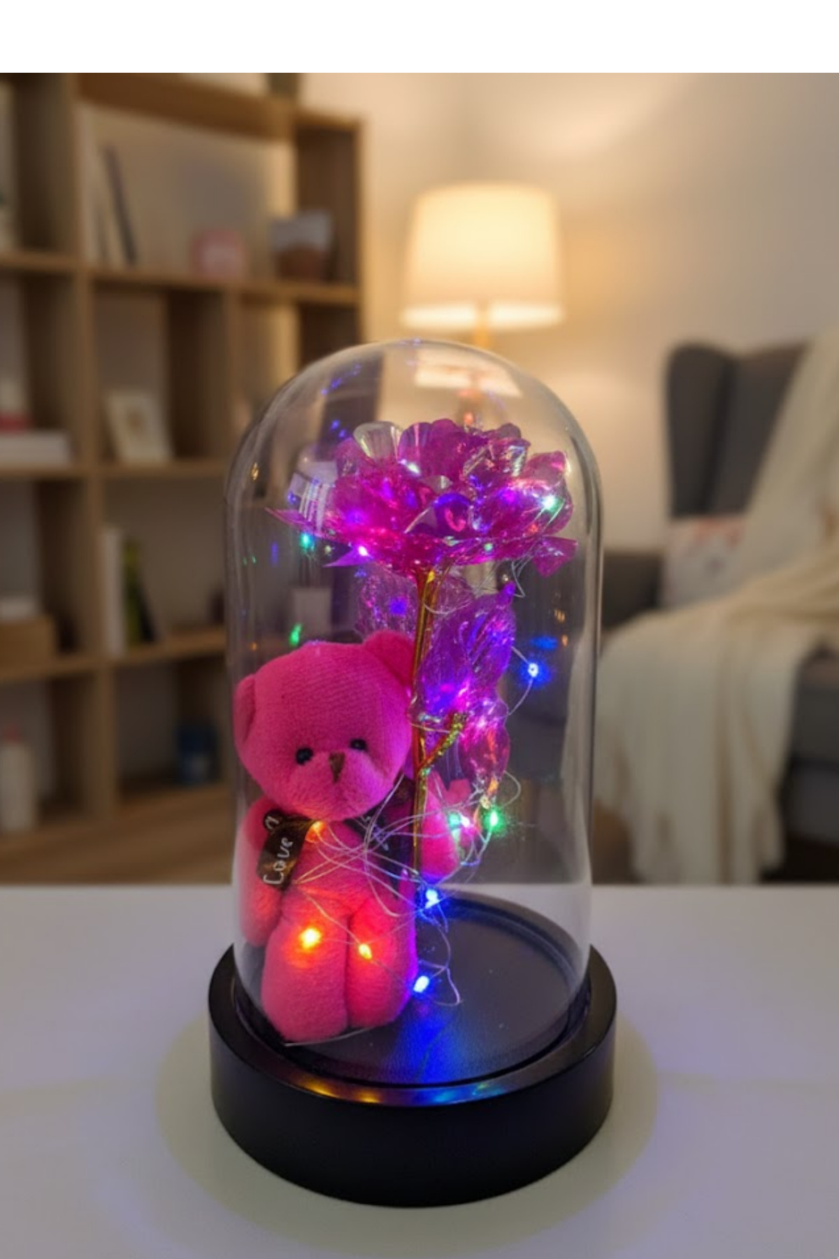 Sevgiliye Hediye Işıklı Pembe Ayıcıklı Fanus - Pembe Sonsuzluk Gülü & Renkli Peri Led Lamba