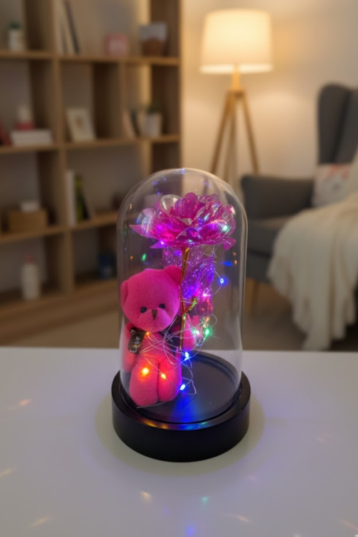 Sevgiliye Hediye Işıklı Pembe Ayıcıklı Fanus - Pembe Sonsuzluk Gülü & Renkli Peri Led Lamba